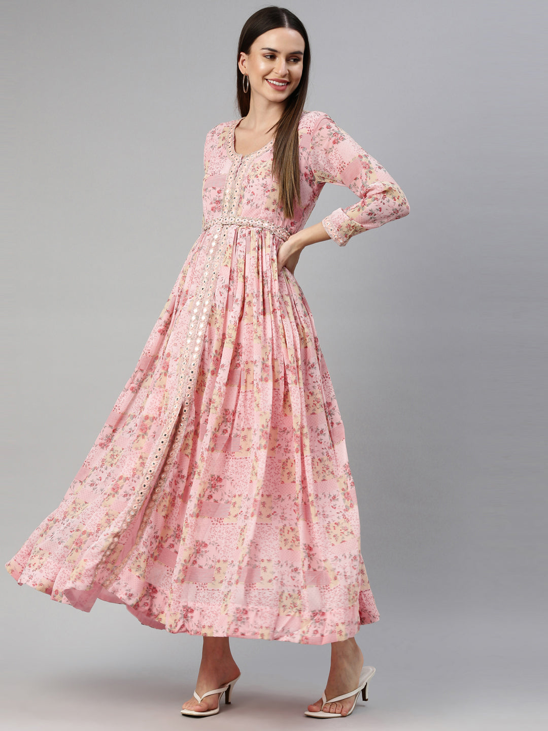 Neerus Pink georgette maxi gown - detail view 3