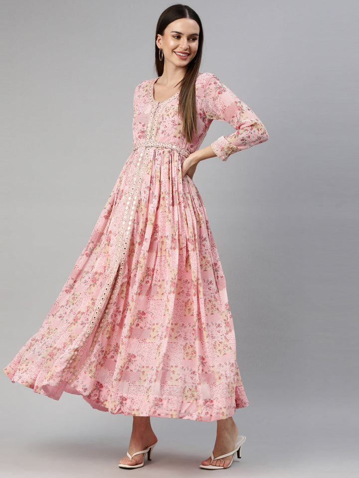 Neerus Pink georgette maxi gown - detail view 3