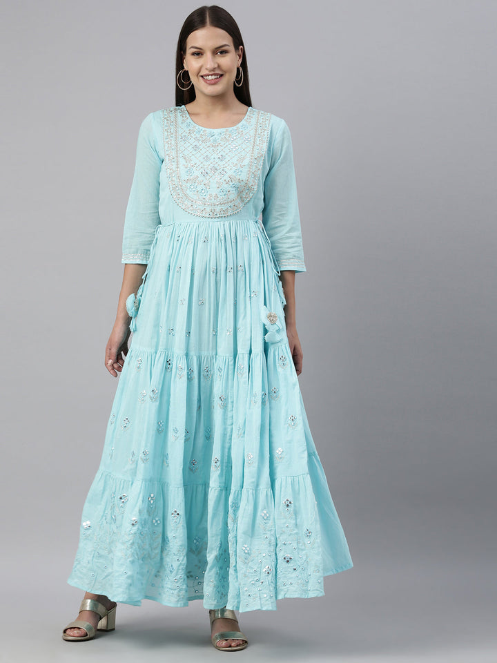 Neerus Blue cotton solid kurti - front view