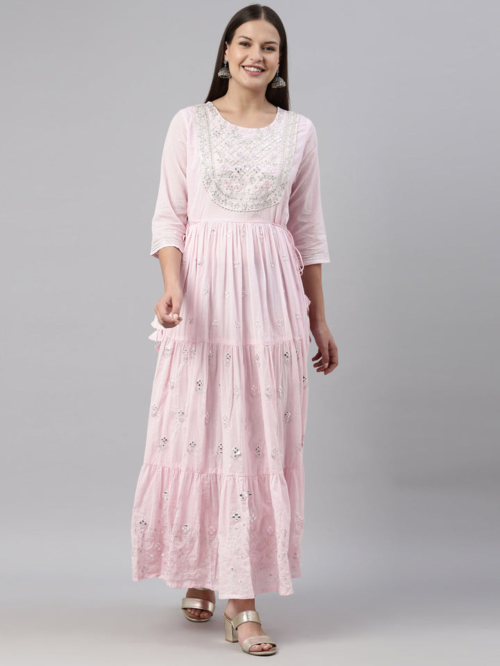 Neerus Pink cotton solid kurti - front view