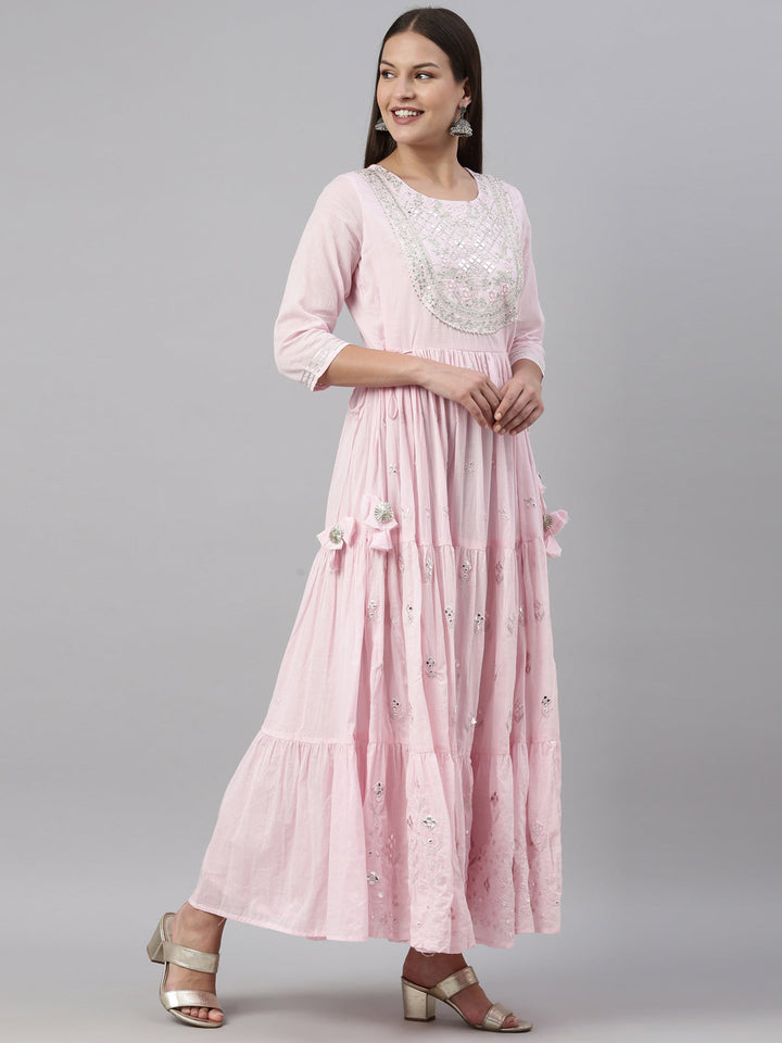 Neerus Pink cotton solid kurti - detail view 1