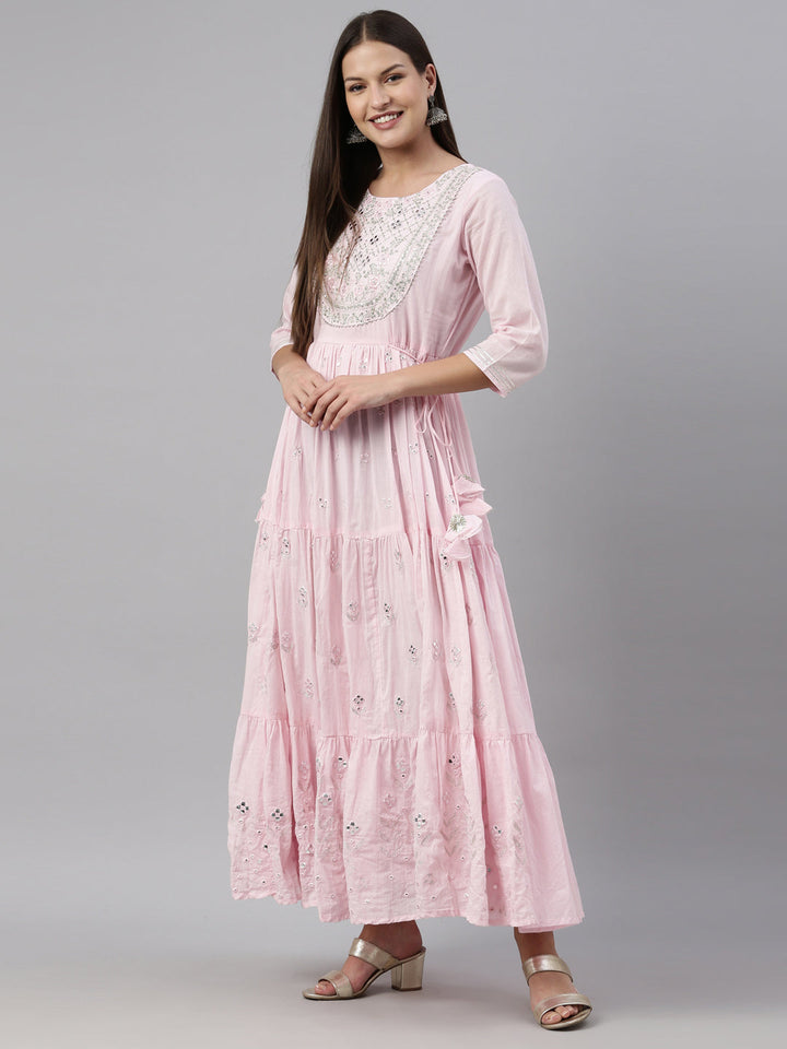Neerus Pink cotton solid kurti - detail view 3