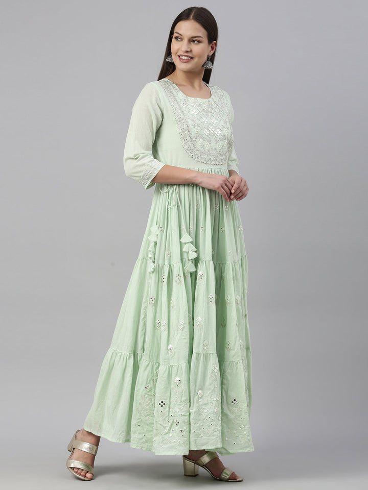 Neerus Green cotton solid kurti - detail view 1