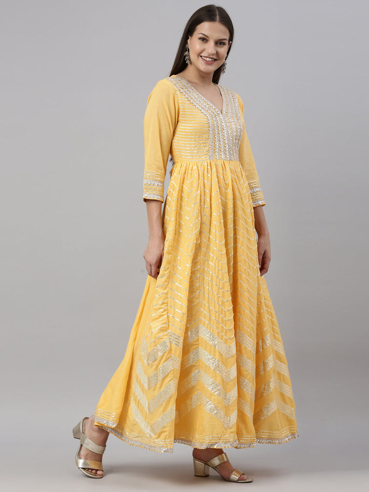 Neerus Yellow cotton embellished anarkali kurti - detail view 1