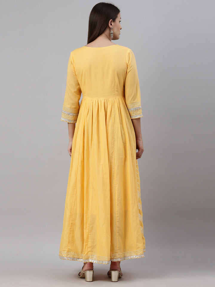 Neerus Yellow cotton embellished anarkali kurti - detail view 2