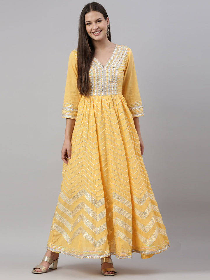Neerus Yellow cotton embellished anarkali kurti - detail view 3