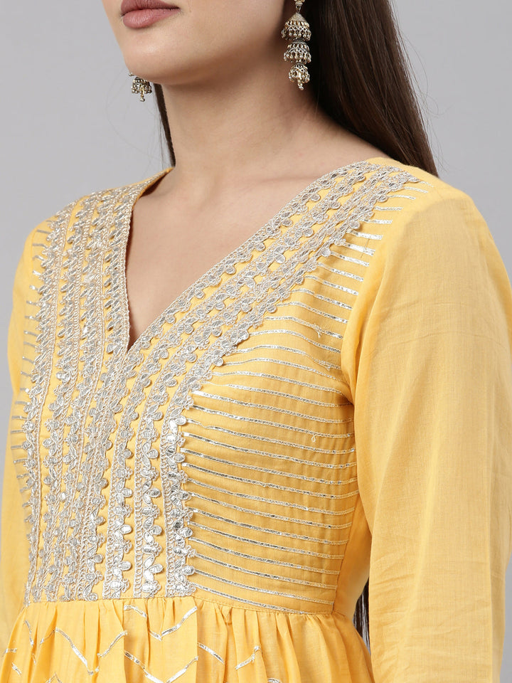 Neerus Yellow cotton embellished anarkali kurti - detail view 6