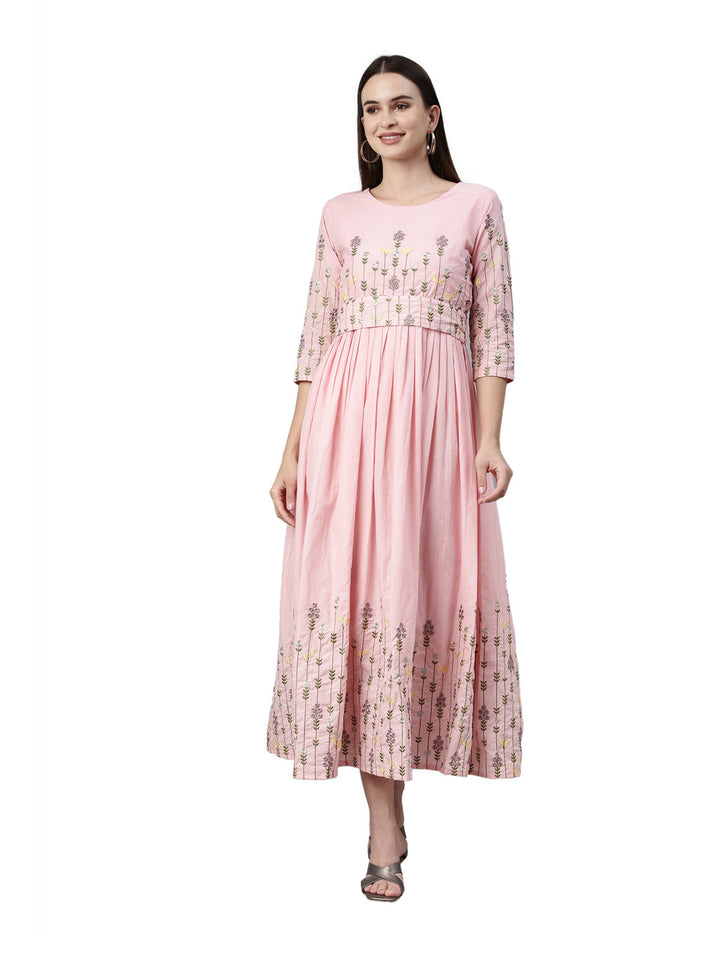 Neerus Pink cotton solid kurta - front view