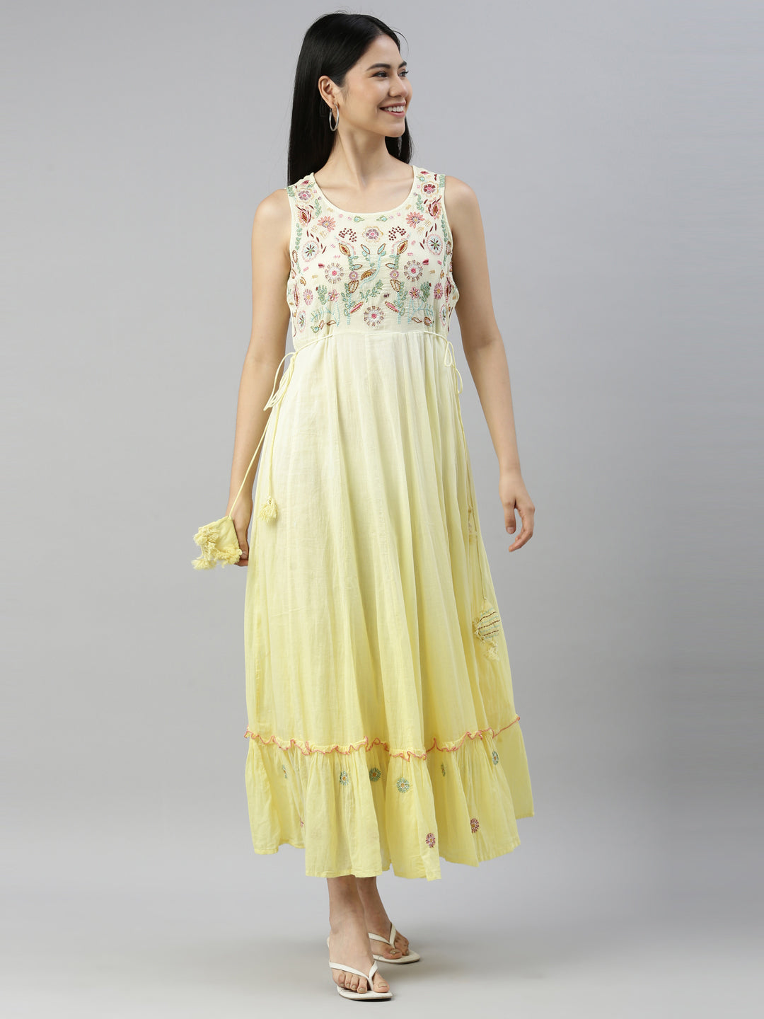 Neerus Yellow cotton embellished anarkali kurta - front view