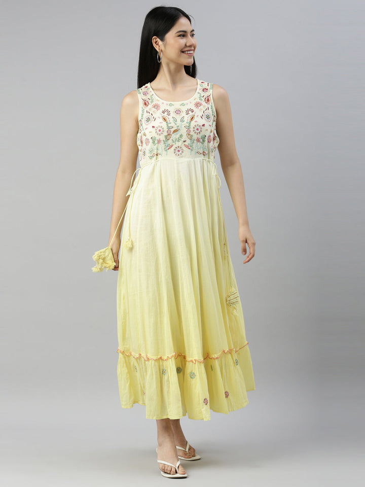Neerus Yellow cotton embellished anarkali kurta - front view