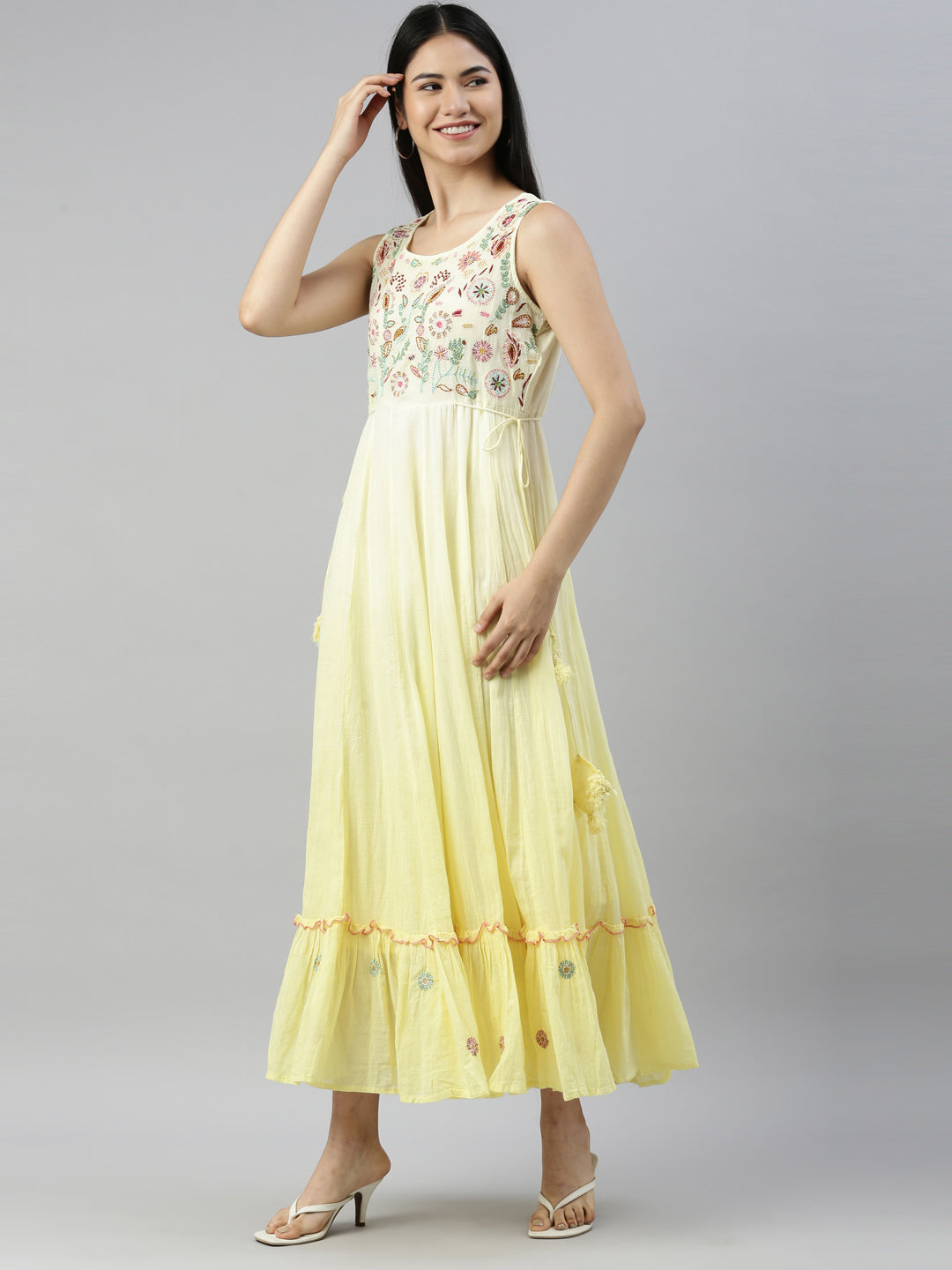 Neerus Yellow cotton embellished anarkali kurta - back view