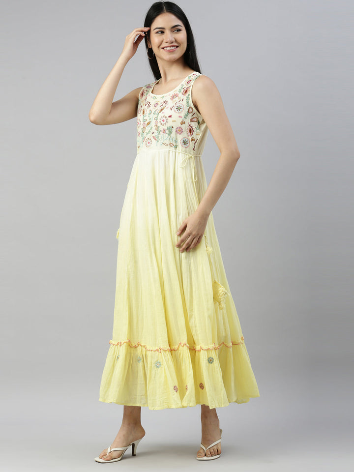 Neerus Yellow cotton embellished anarkali kurta - back view