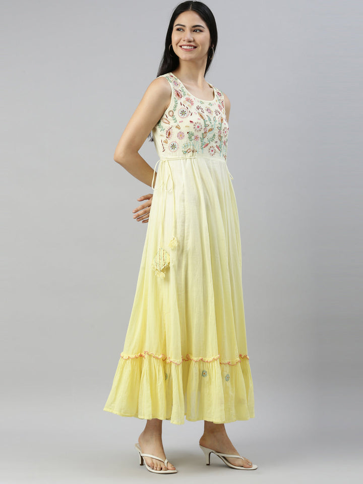 Neerus Yellow cotton embellished anarkali kurta - side view