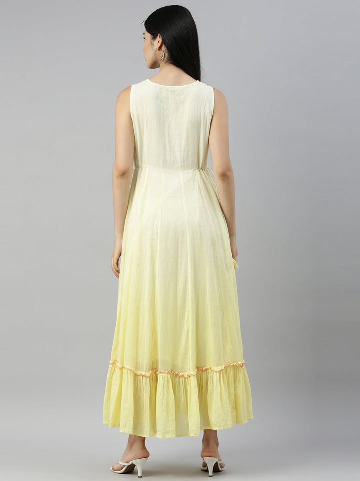 Neerus Yellow cotton embellished anarkali kurta - detail view 1