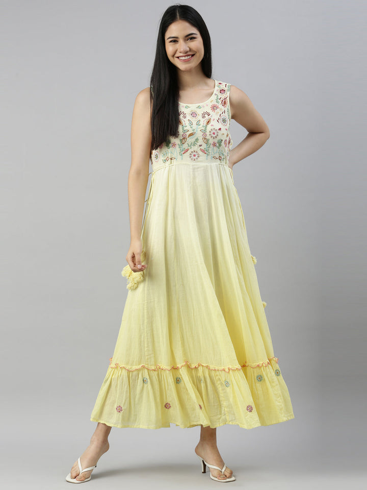 Neerus Yellow cotton embellished anarkali kurta - detail view 2