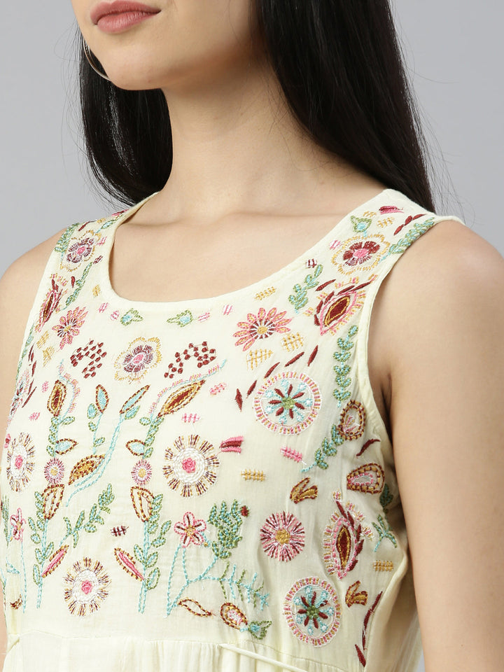 Neerus Yellow cotton embellished anarkali kurta - detail view 3