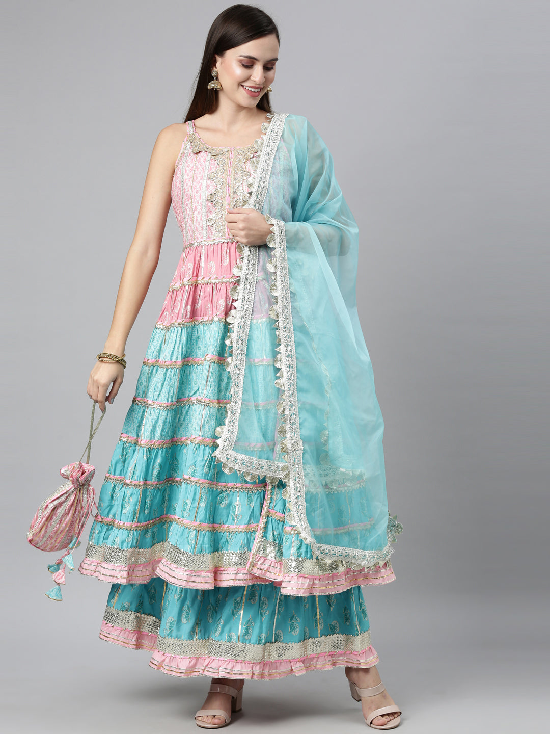 Neerus Blue jute cotton embellished kurta set - detail view 3