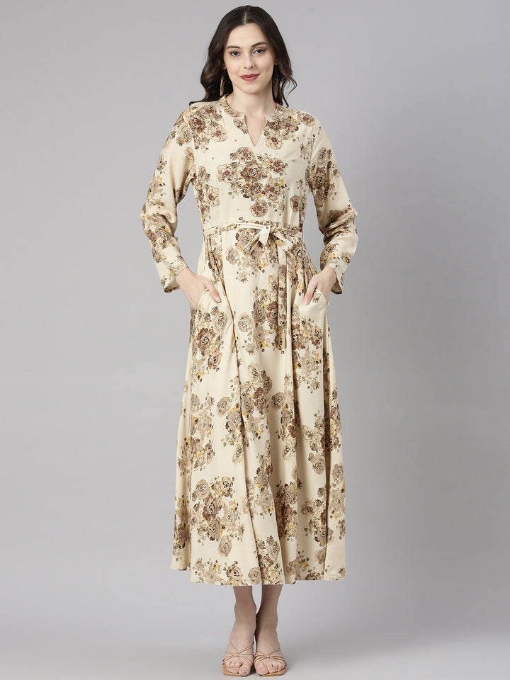 Neerus Cream Casual Maxi Floral Dresses