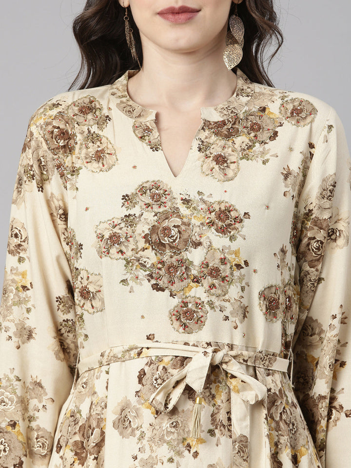 Neerus Cream Casual Maxi Floral Dresses