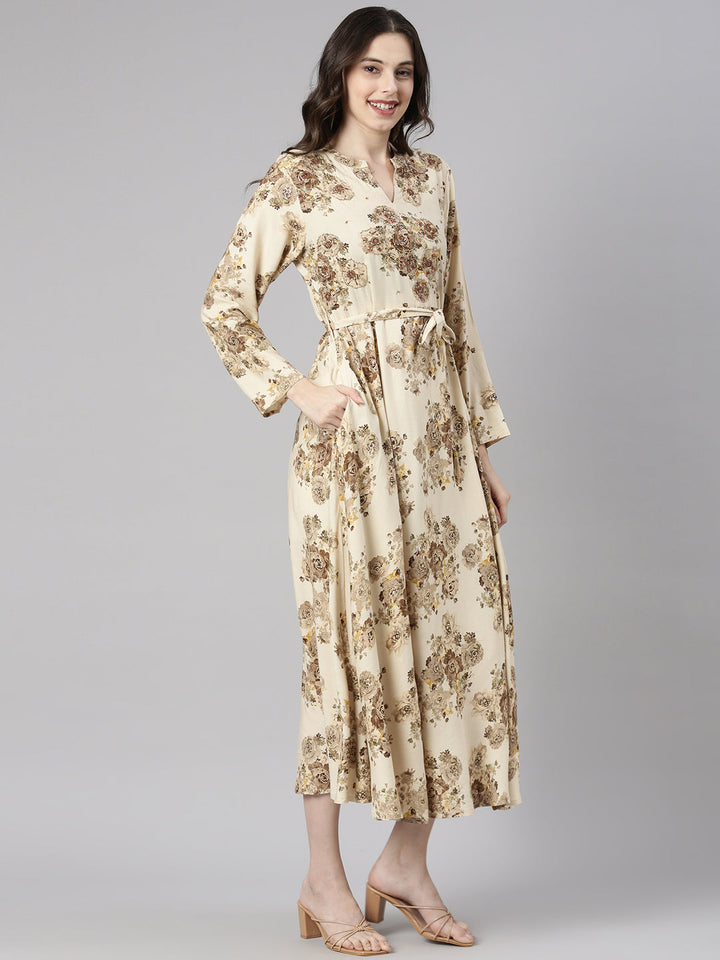 Neerus Cream Casual Maxi Floral Dresses