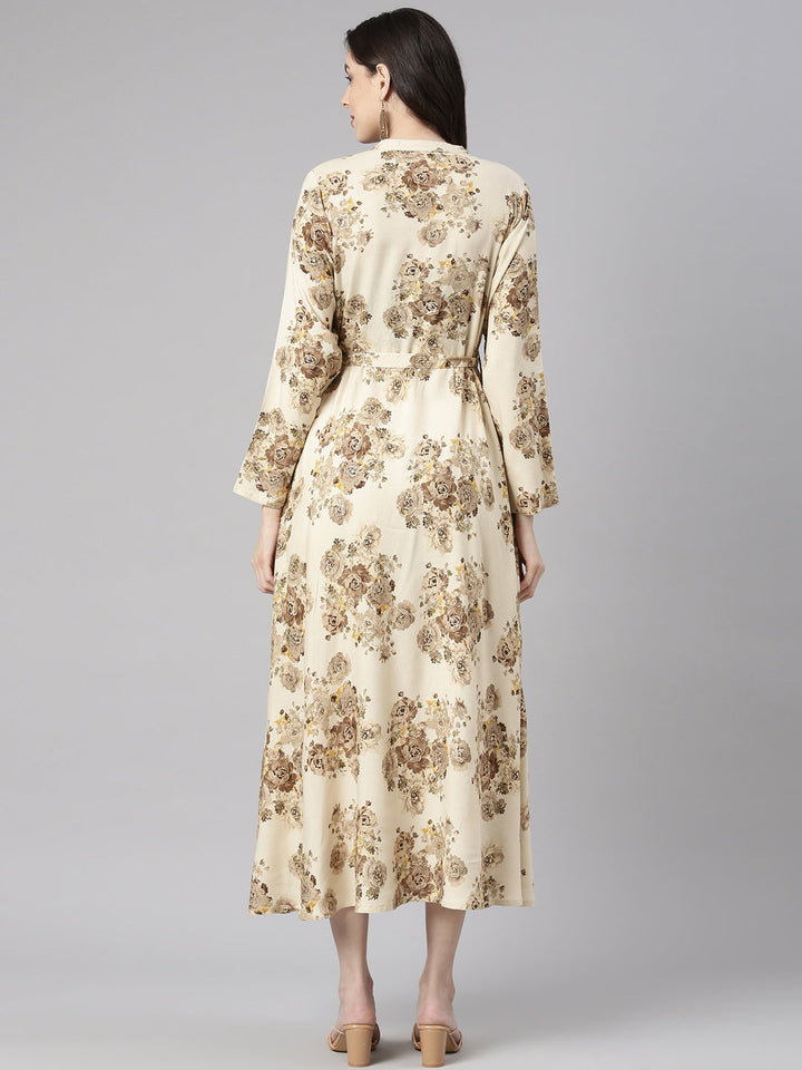 Neerus Cream Casual Maxi Floral Dresses