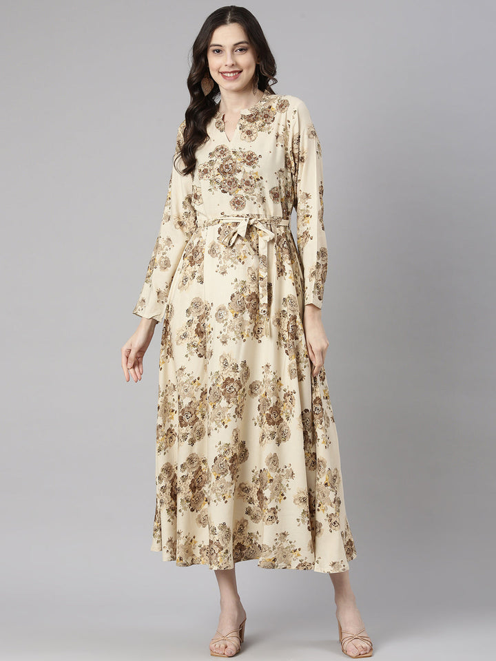 Neerus Cream Casual Maxi Floral Dresses