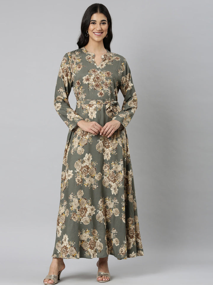 Neerus Grey Casual Maxi Floral Dresses