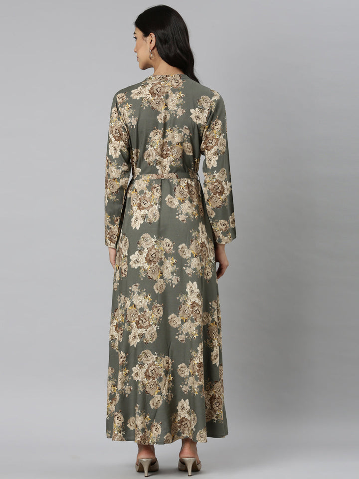 Neerus Grey Casual Maxi Floral Dresses