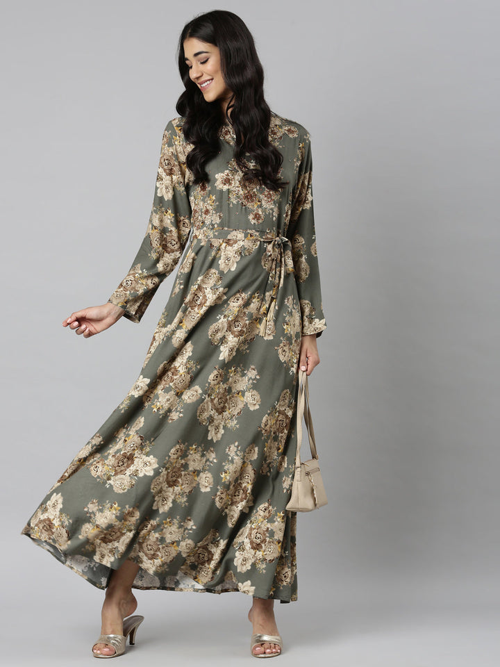 Neerus Grey Casual Maxi Floral Dresses