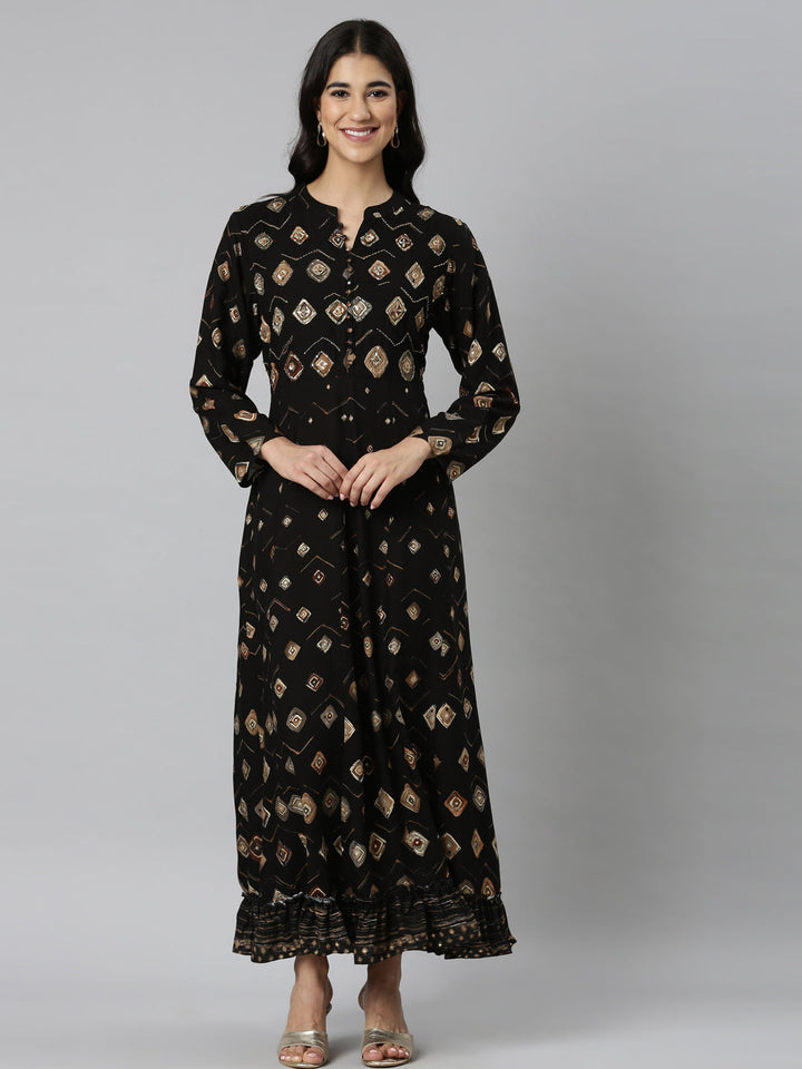 Neerus Black Casual Maxi Ethnic Motifs Dresses
