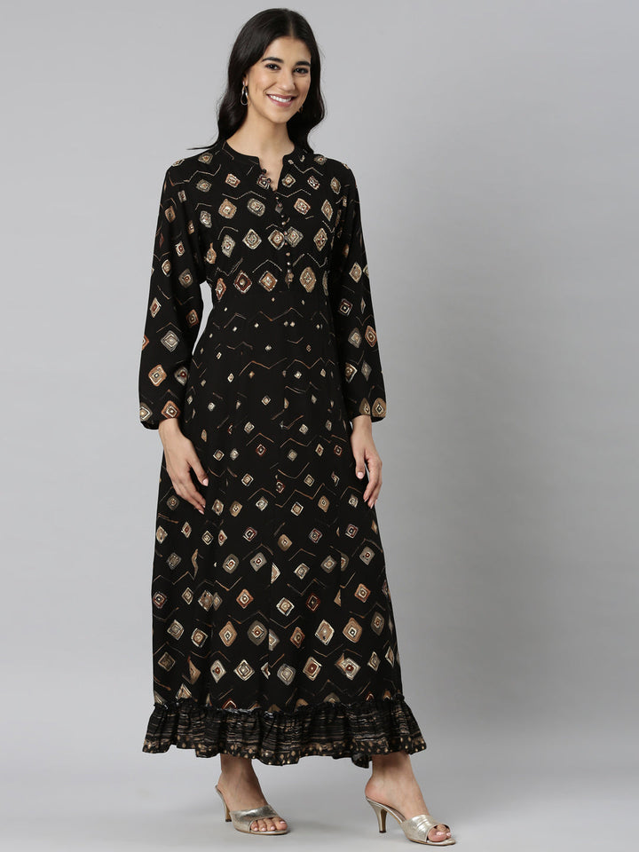 Neerus Black Casual Maxi Ethnic Motifs Dresses