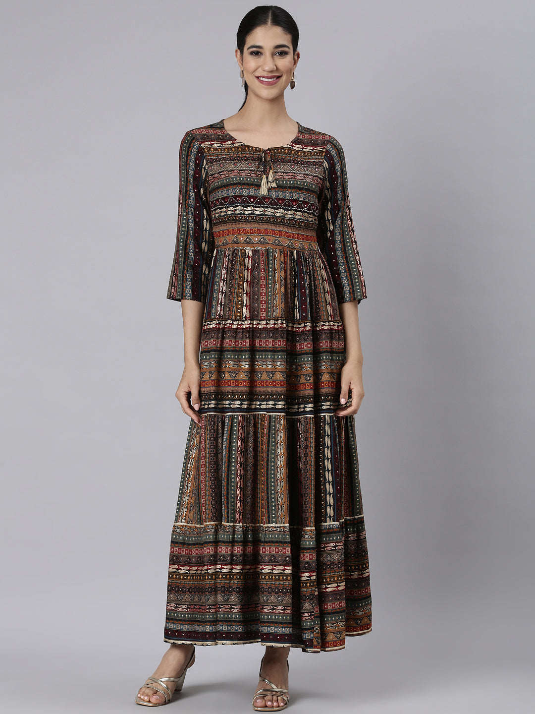 Neerus Black viscose rayon printed maxi dress - front view