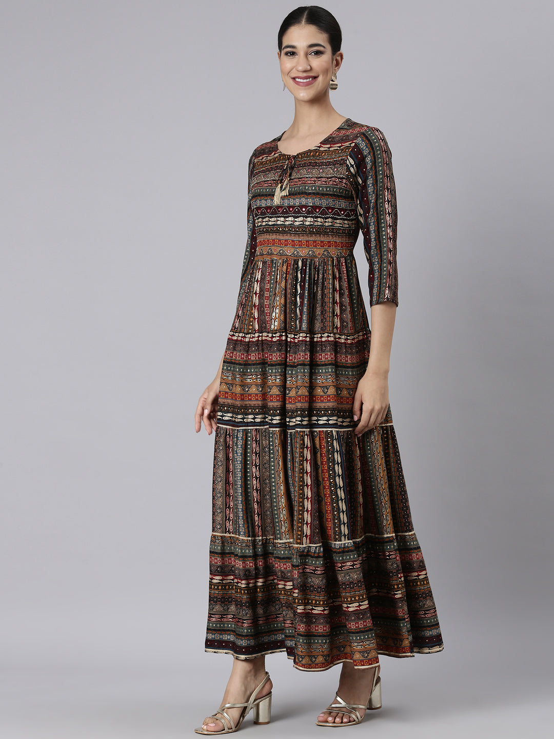 Neerus Black viscose rayon printed maxi dress - back view