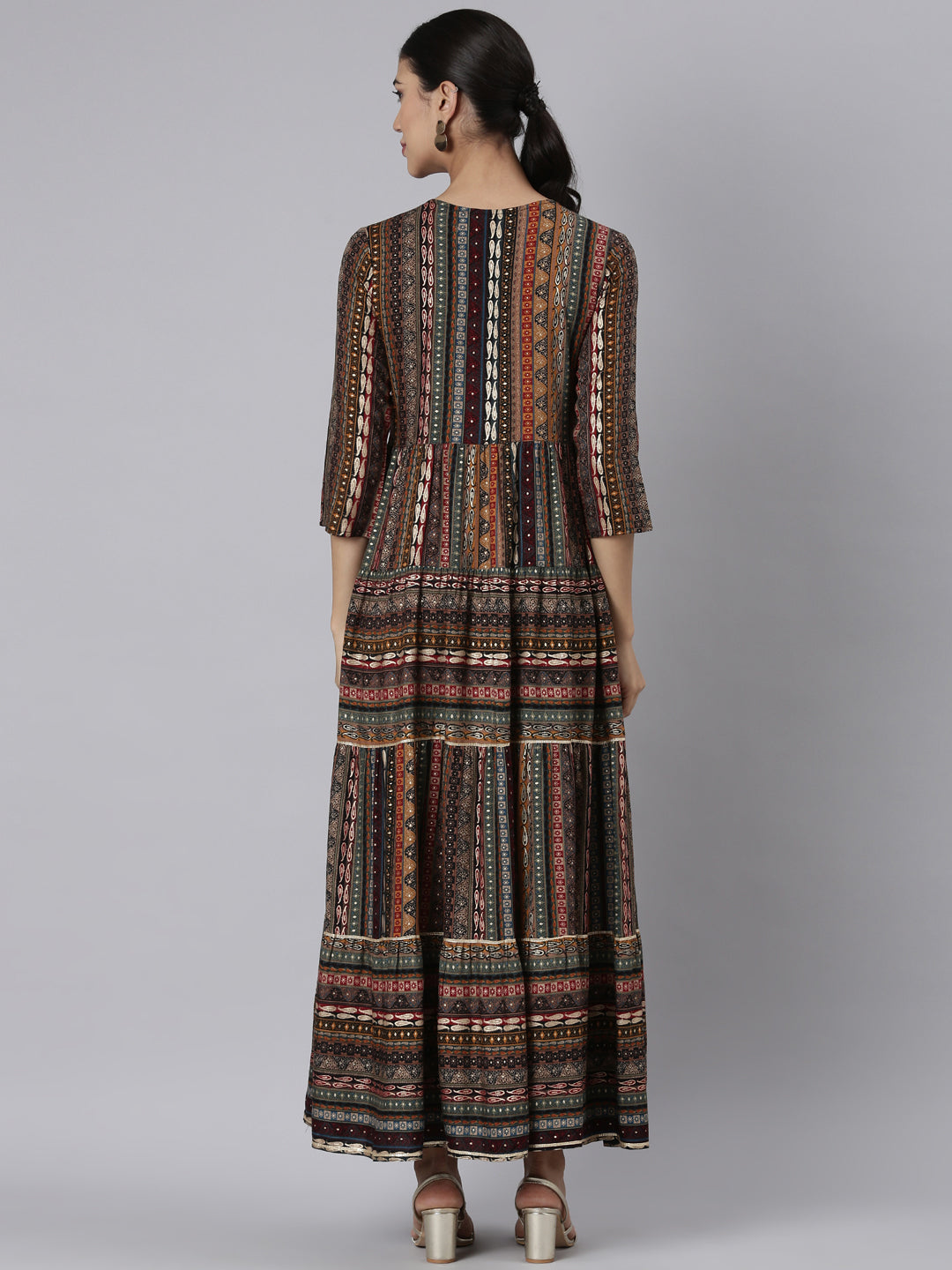 Neerus Black viscose rayon printed maxi dress - side view