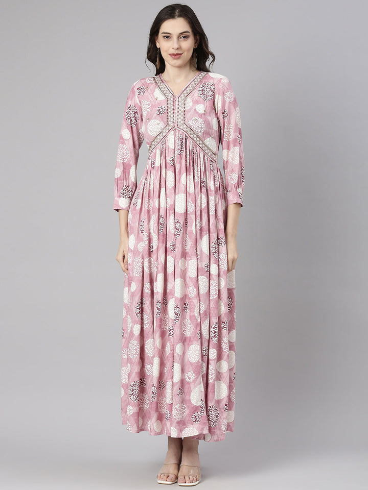 Neerus Lavender Casual Maxi Geometric Dresses