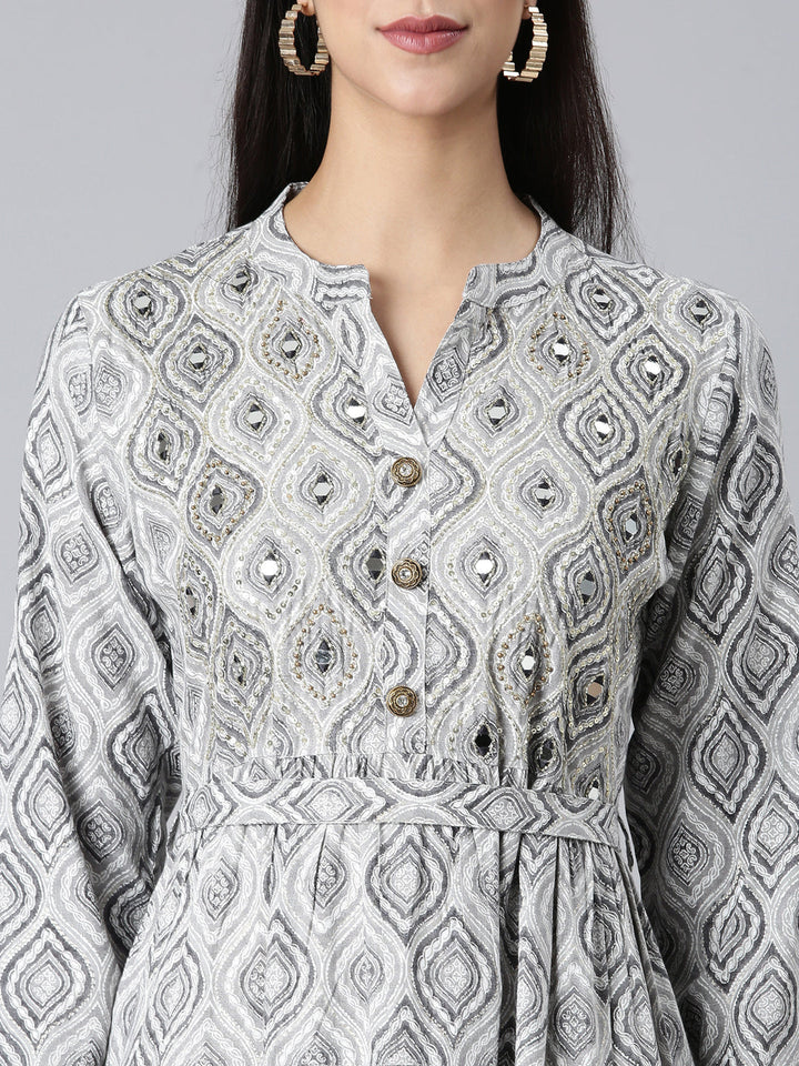 Neerus Grey Casual Paisley Maxi Dresses