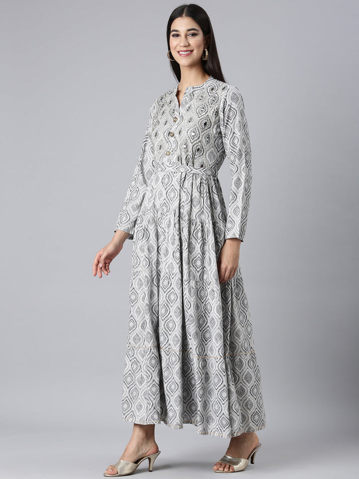 Neerus Grey Casual Paisley Maxi Dresses
