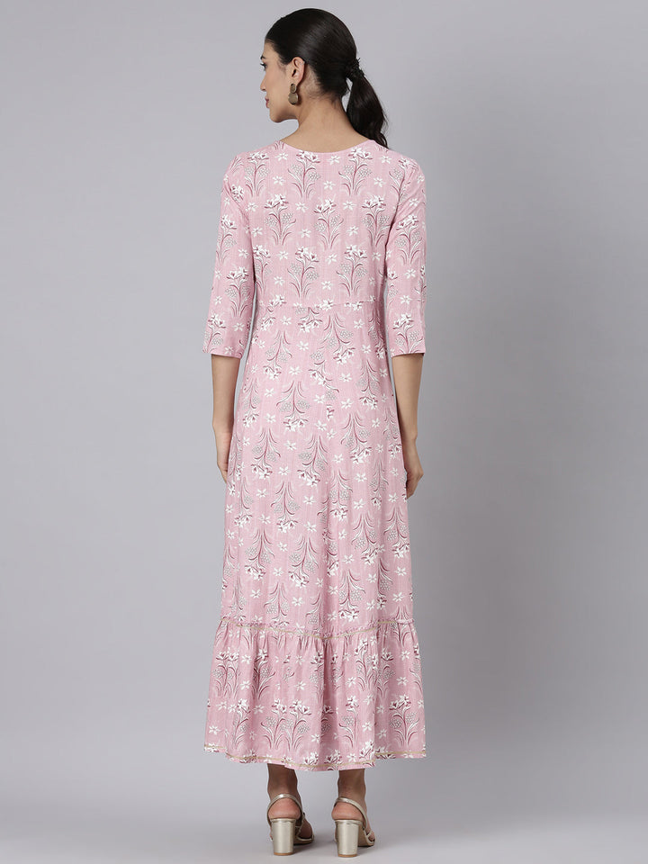 Neerus Pink Casual Maxi Floral Dresses