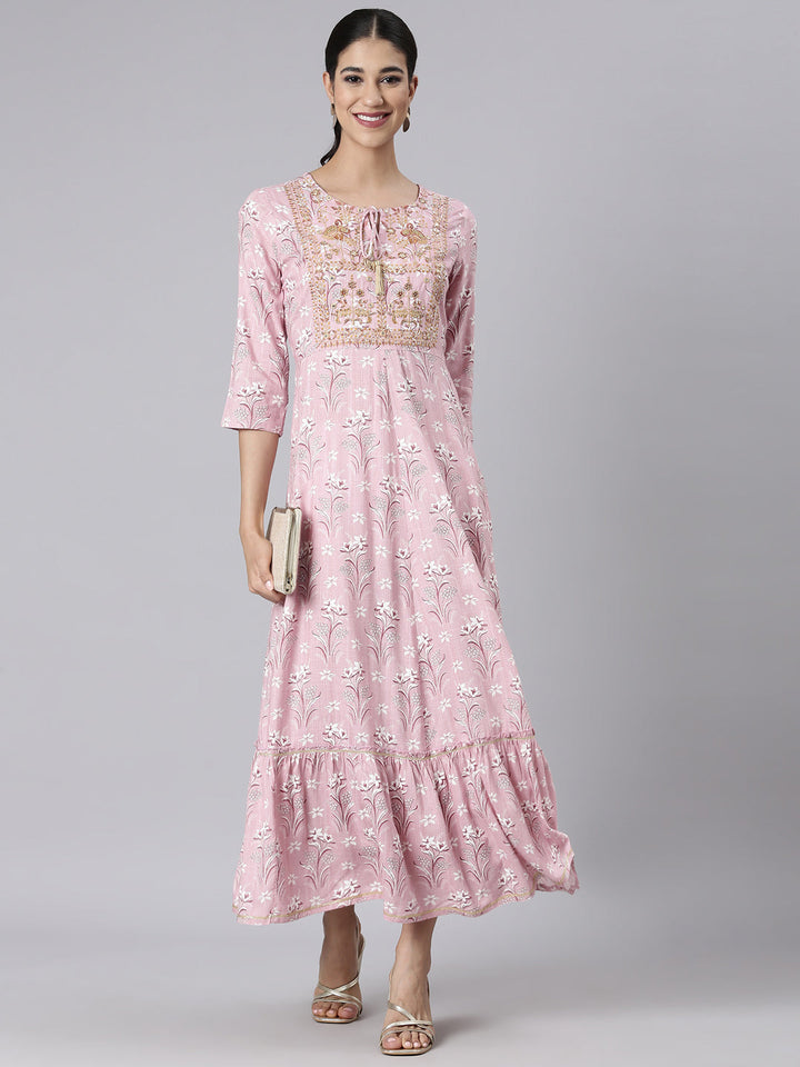 Neerus Pink Casual Maxi Floral Dresses