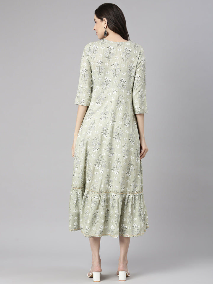 Neerus Green Casual Maxi Floral Dresses