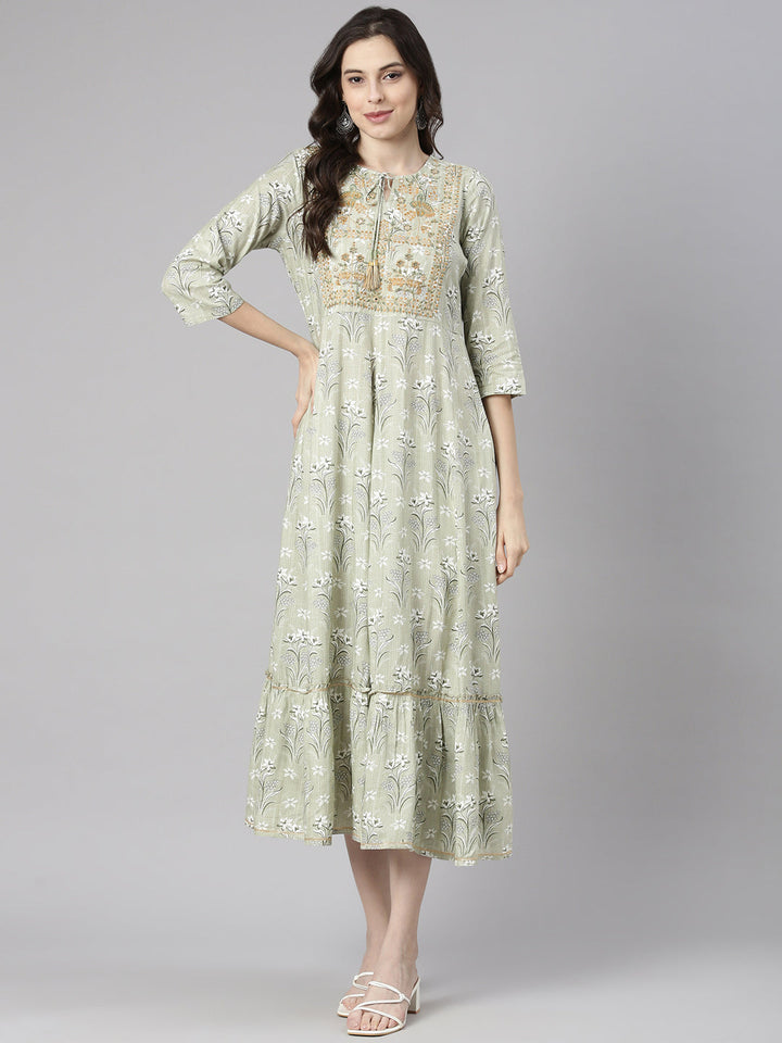 Neerus Green Casual Maxi Floral Dresses