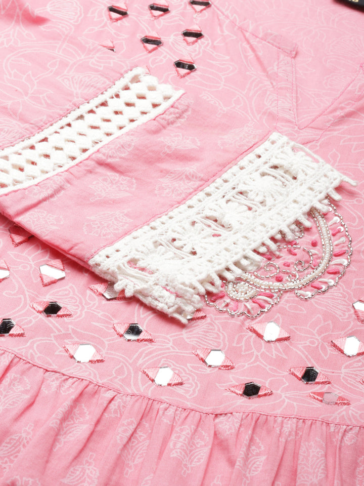 Neerus Pink cotton printed straight kurti - detail view 1