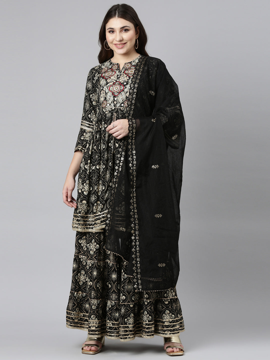 Neerus Black printed straight sharara set with dupatta - front view