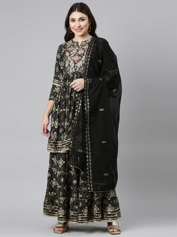 Neerus Black printed straight sharara set with dupatta - front view