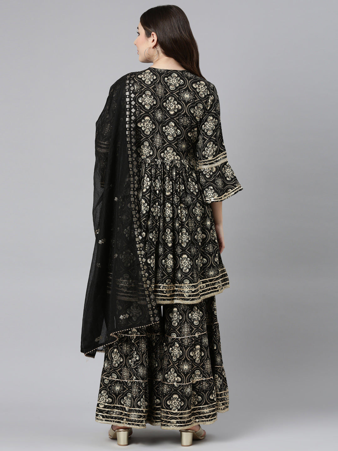 Neerus Black printed straight sharara set with dupatta - side view