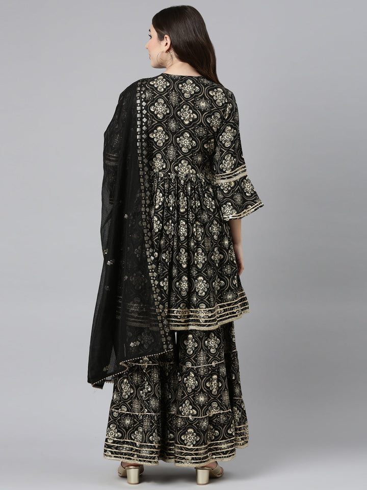 Neerus Black printed straight sharara set with dupatta - side view