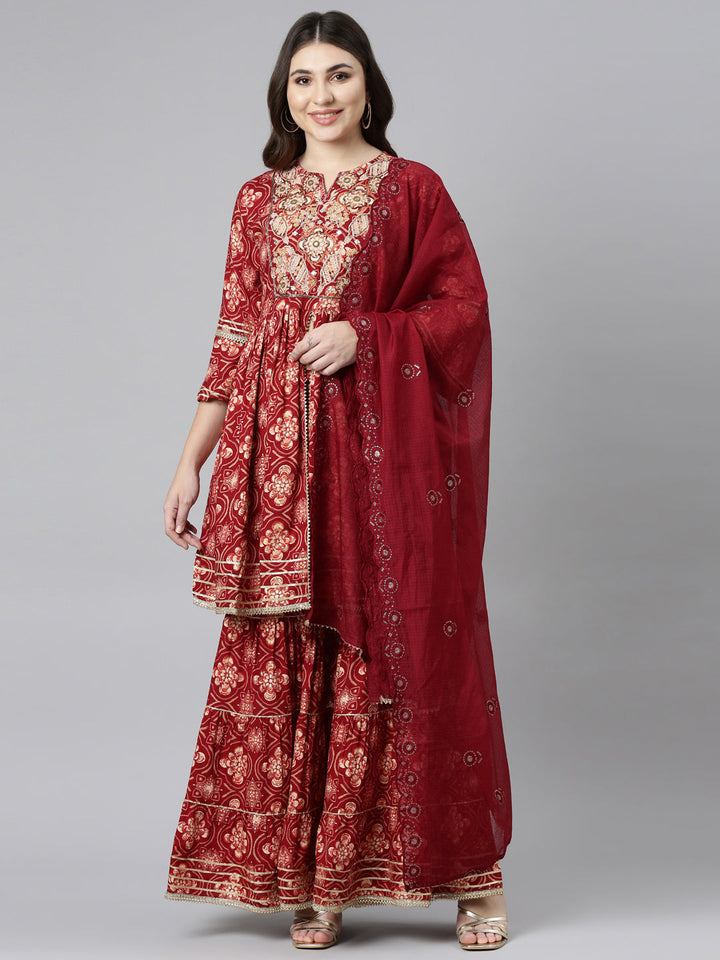 Neerus Maroon printed sharara set straight kurta with dupatta - front view