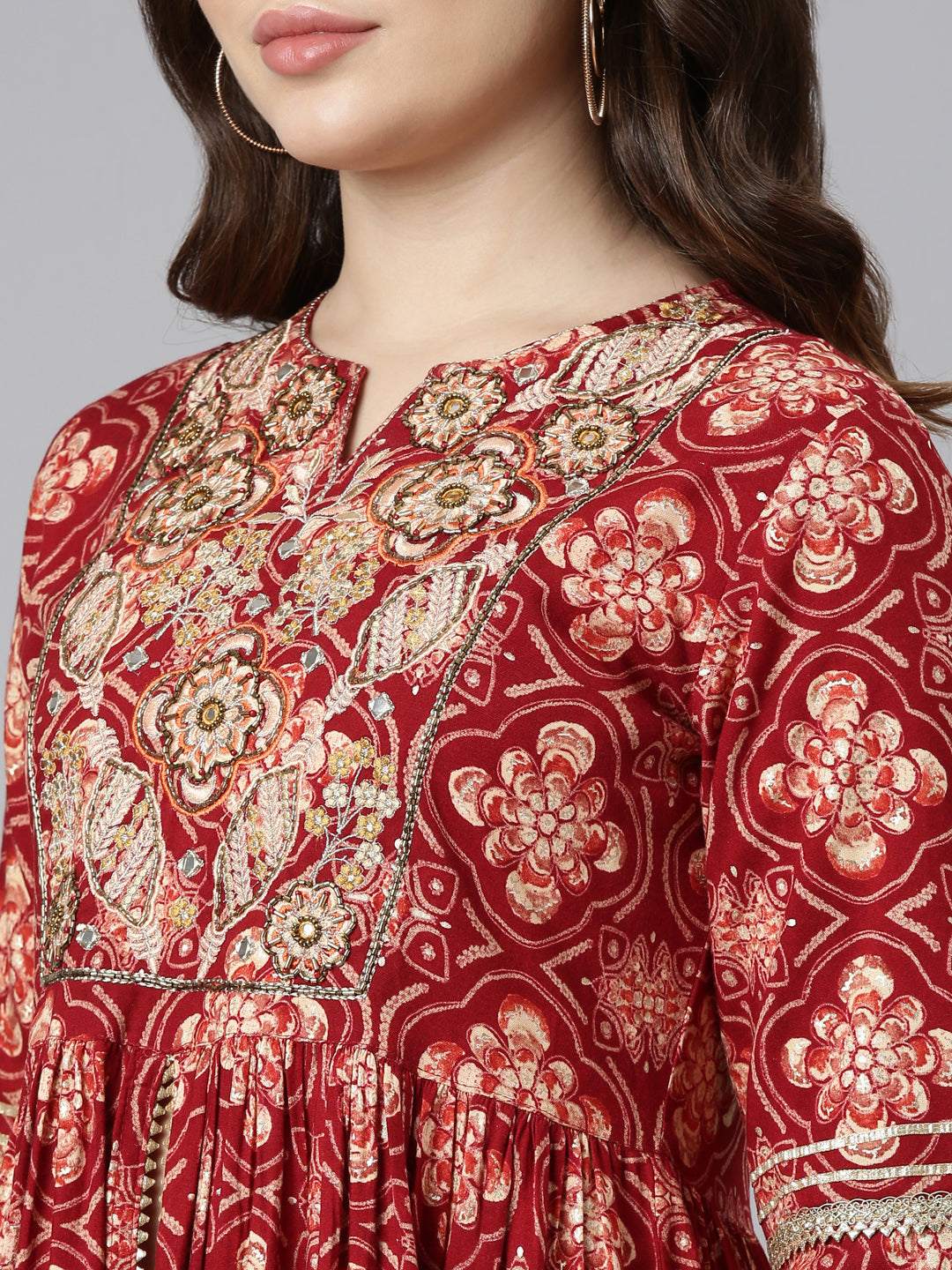 Neerus Maroon printed sharara set straight kurta with dupatta - detail view 1