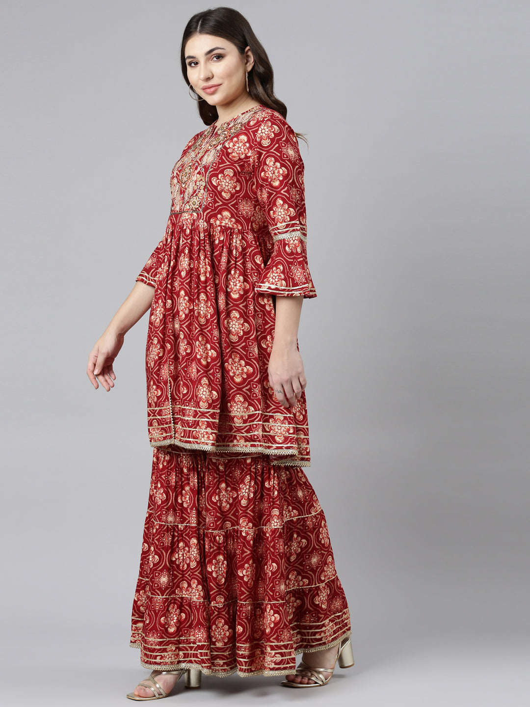 Neerus Maroon printed sharara set straight kurta with dupatta - back view