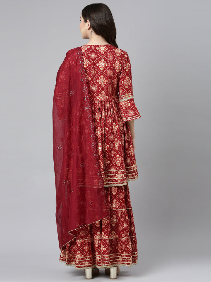 Neerus Maroon printed sharara set straight kurta with dupatta - side view